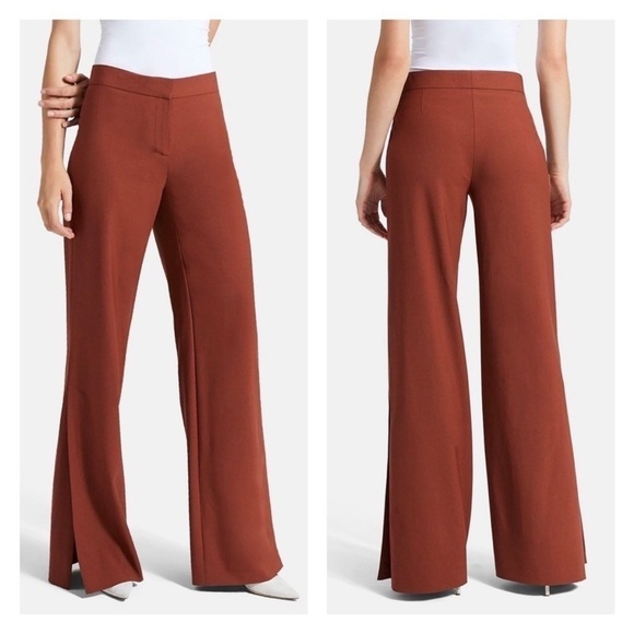 Theory Pants - Theory High Slit Trouser Stretch Wool High Rise Flared Wide Leg Pant Brandy 6
